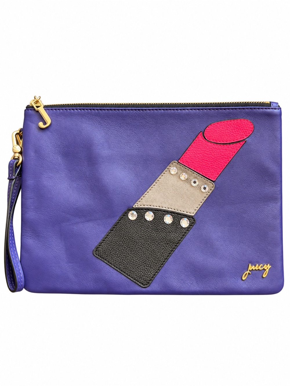 Juicy Couture Purple Lipstick Rhinestone Wristlet Clutch Gold Hardware 11x8